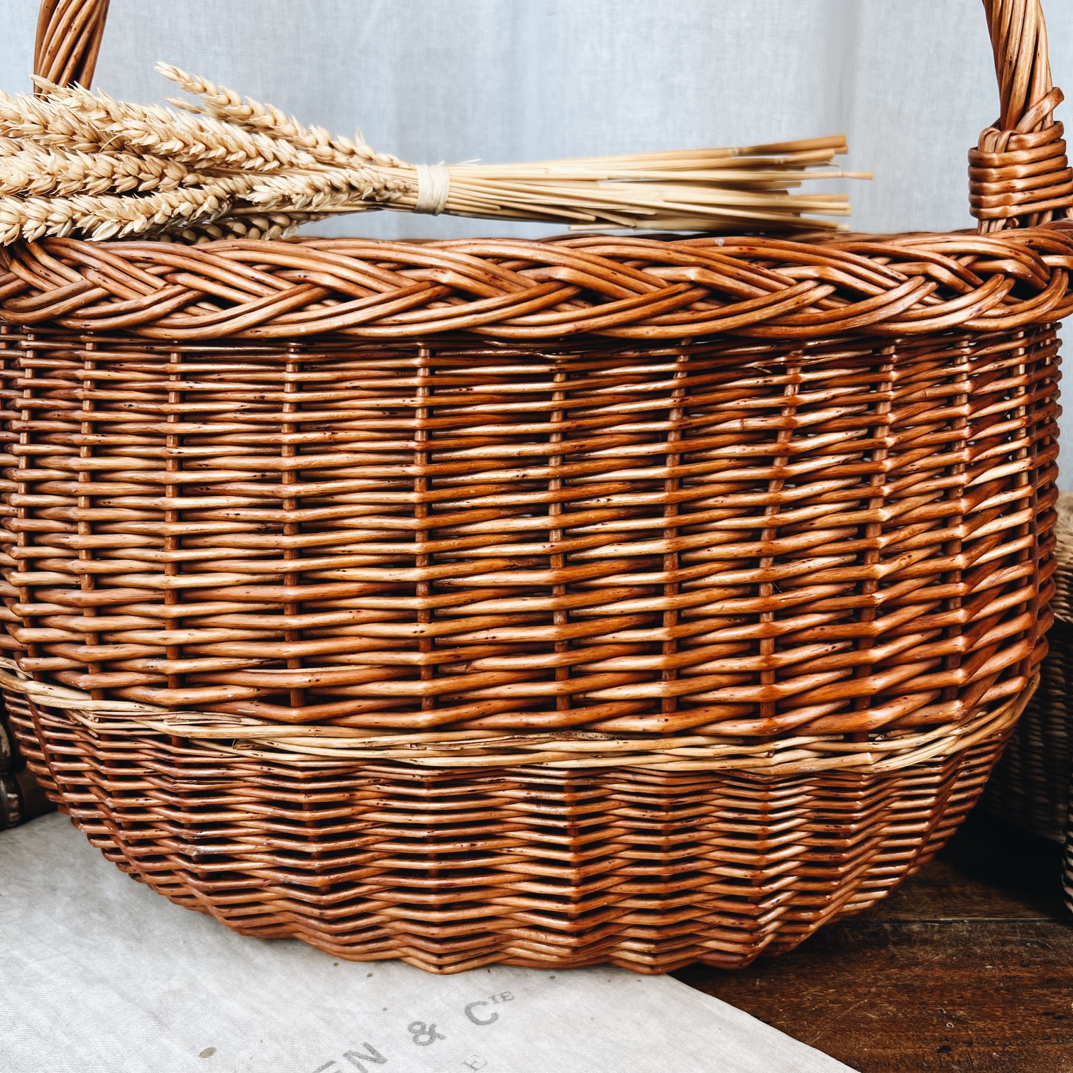 Panier Osier Tressé 40x35x24 Cm - Naturel Marron, Anse Solide, Idéal Pique-nique Champignons Provisions