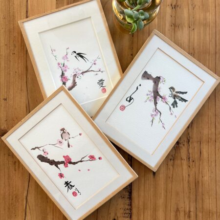 Trio de petites aquarelles japonisantes : oiseaux & fleurs de cerisier