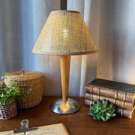 Lampe chrome & bois, abat-jour esprit osier