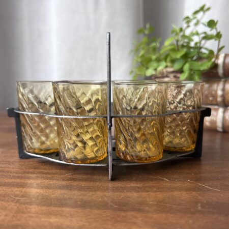 Support Art déco & 6 verres jaune ambré