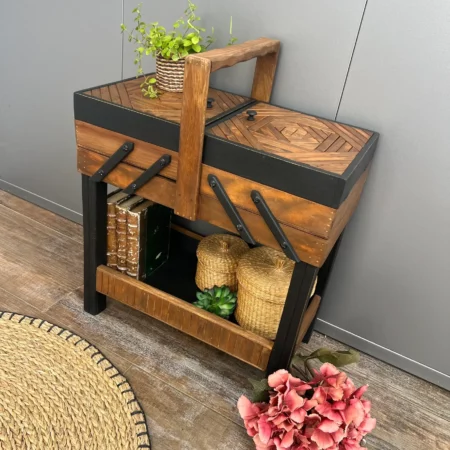 Travailleuse ancienne restaurée - marqueterie géométrique