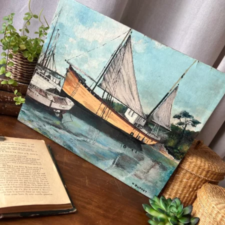 Huile sur bois signée "bateau de pêche"