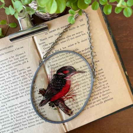 Petit cadre vintage en verre peint "martin-pêcheur" 1970'