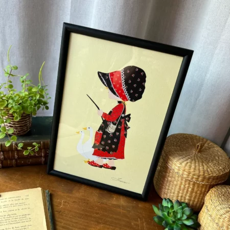 Cadre vintage fillette aux oies, illustration signée
