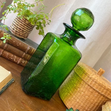 Carafe ancienne en verre vert craquelé avec bouchon d'origine