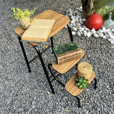 Tabouret escabeau vintage restauré - bois & métal noir