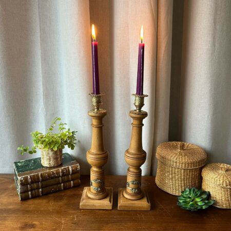 (création) Duo de bougeoirs en bois ancien et laiton